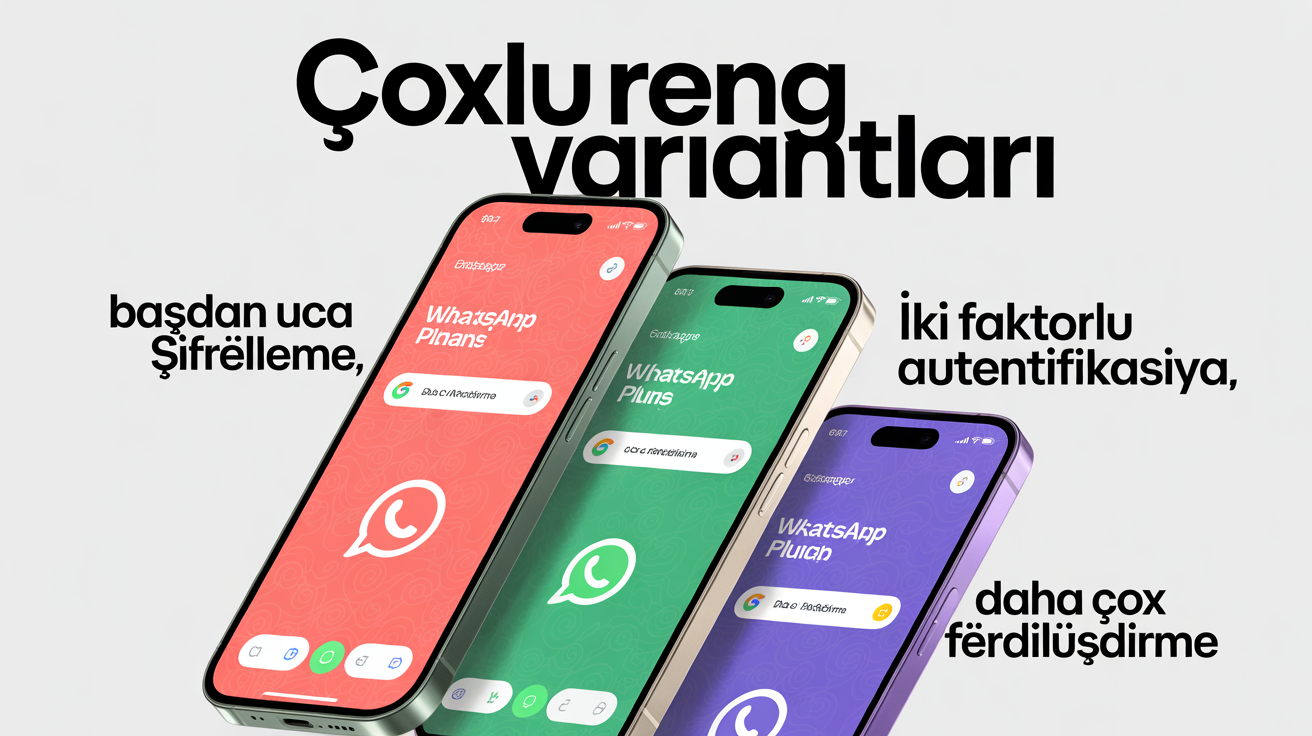 WhatsApp Plus APK rəng variantları, o cümlədən Qırmızı, Çəhrayı, Yaşıl və Bənövşəyi, uçdan-uca şifrələmə və təkmil fərdiləşdirmə seçimləri ilə